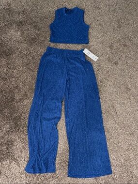 Women's Blue Sparkle Wide-Leg Pants & Crop Tank Set